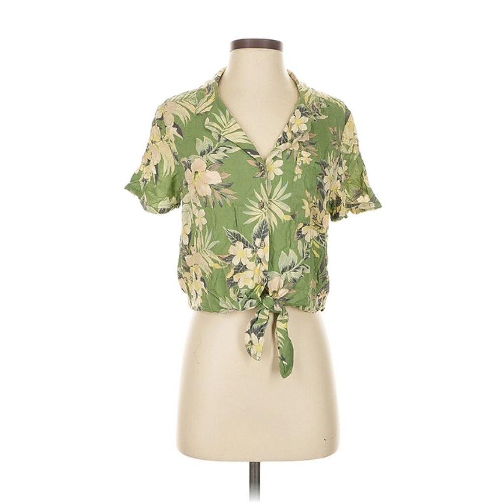 American Eagle Shirt L Women’s Tropical Hawaiian Green Floral Crop Top
